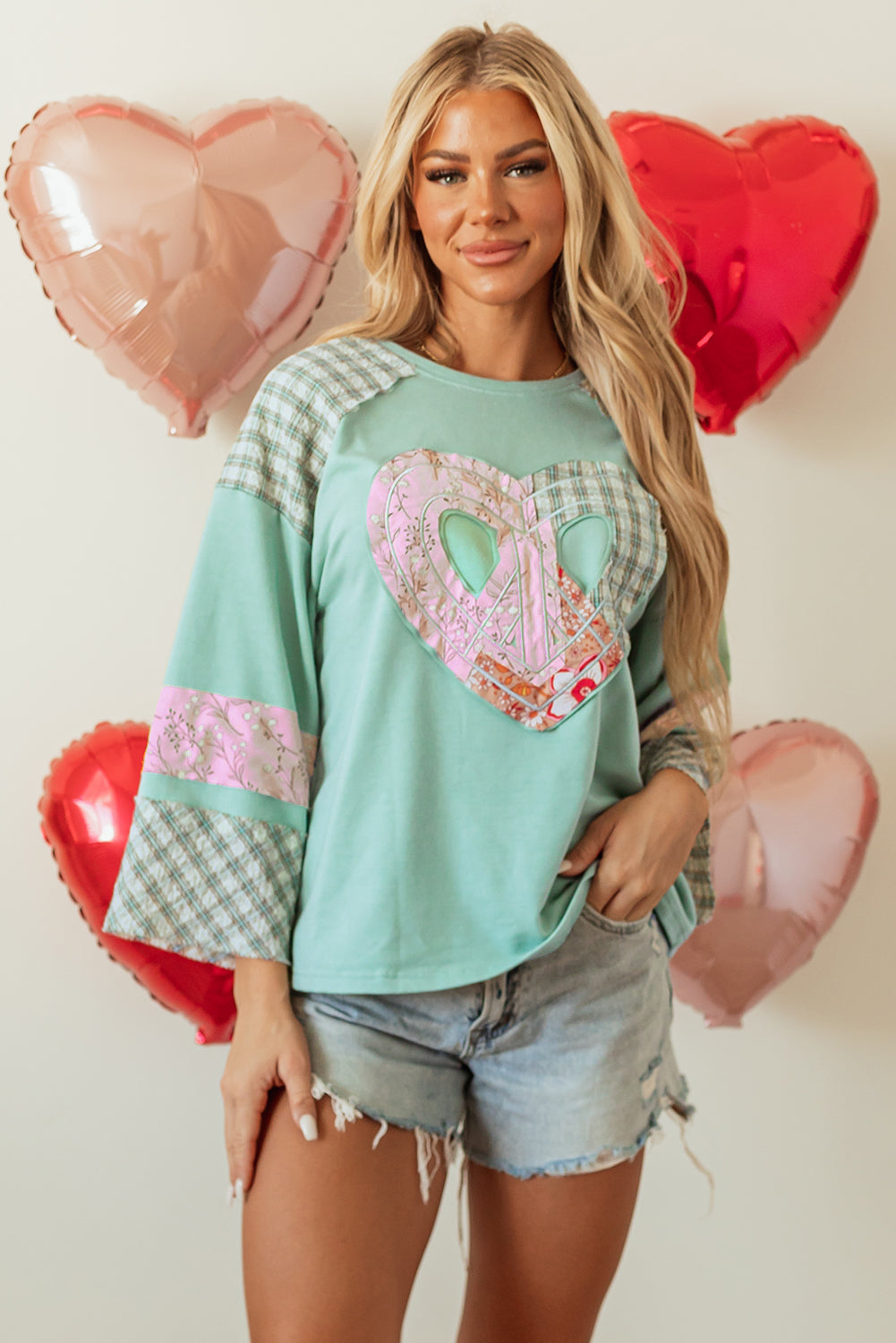 Clearly Aqua Plaid Floral Peace Heart Graphic Wide Long Sleeve Top Beagle Boutique Fashion Outlet