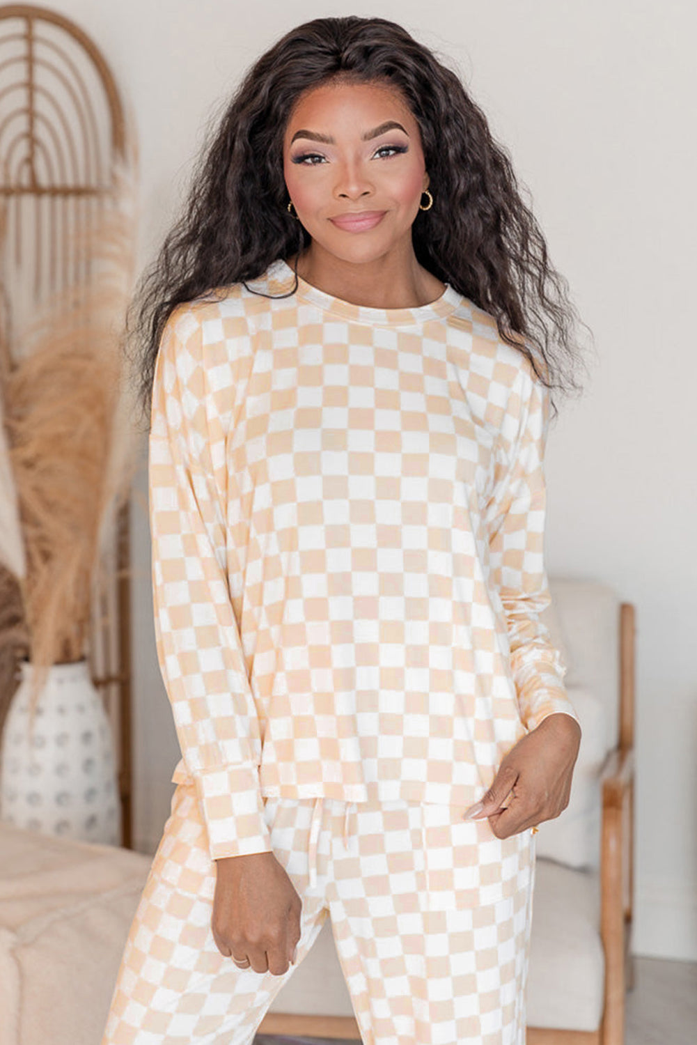 Beige Checkered Print Long Sleeve Top and Pants Lounge Set BB Fashion Outlet