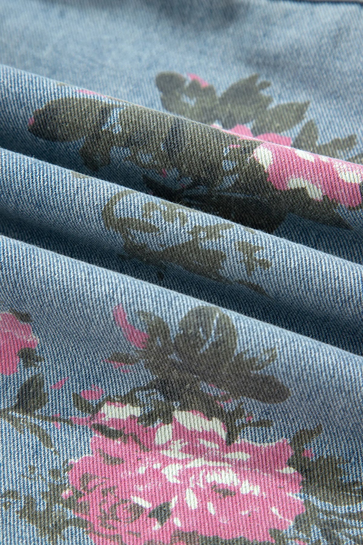 Sky Blue Floral Print Raw Seam Ruffle Hem Denim Jacket – Light Blue