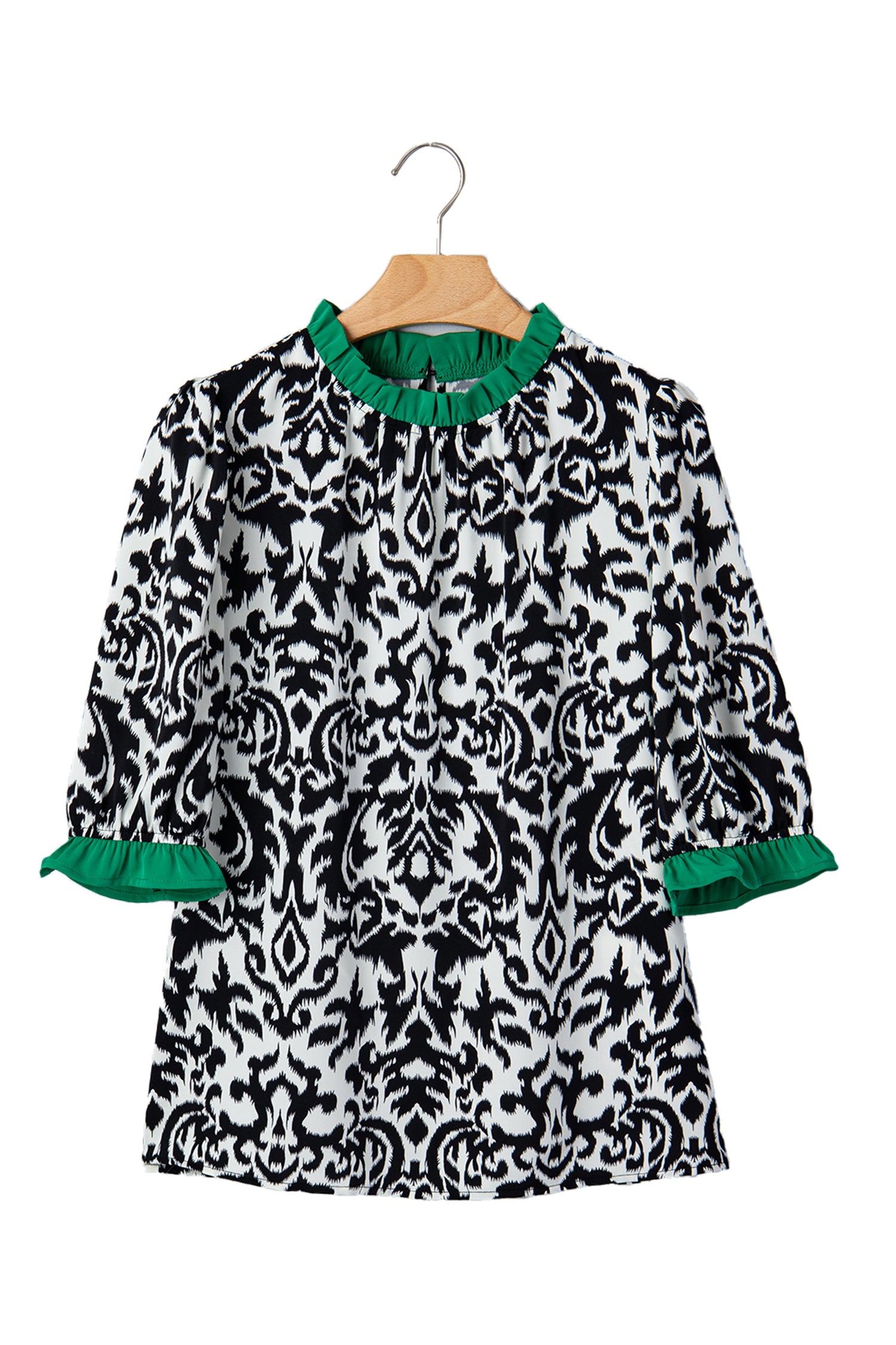 Damask Print Ruffle Colour Block Puff Sleeve Blouse