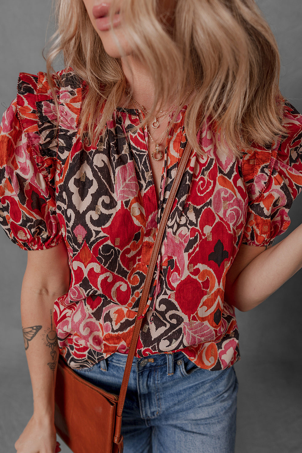 Red Ethnic Print Split Neck Short Puff Sleeve Blouse eAura
