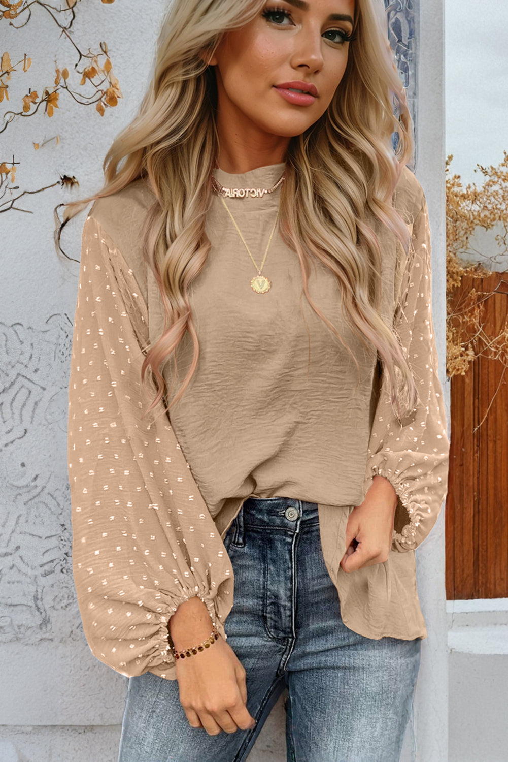 Parchment Swiss Dot Balloon Sleeve Loose Blouse eAura