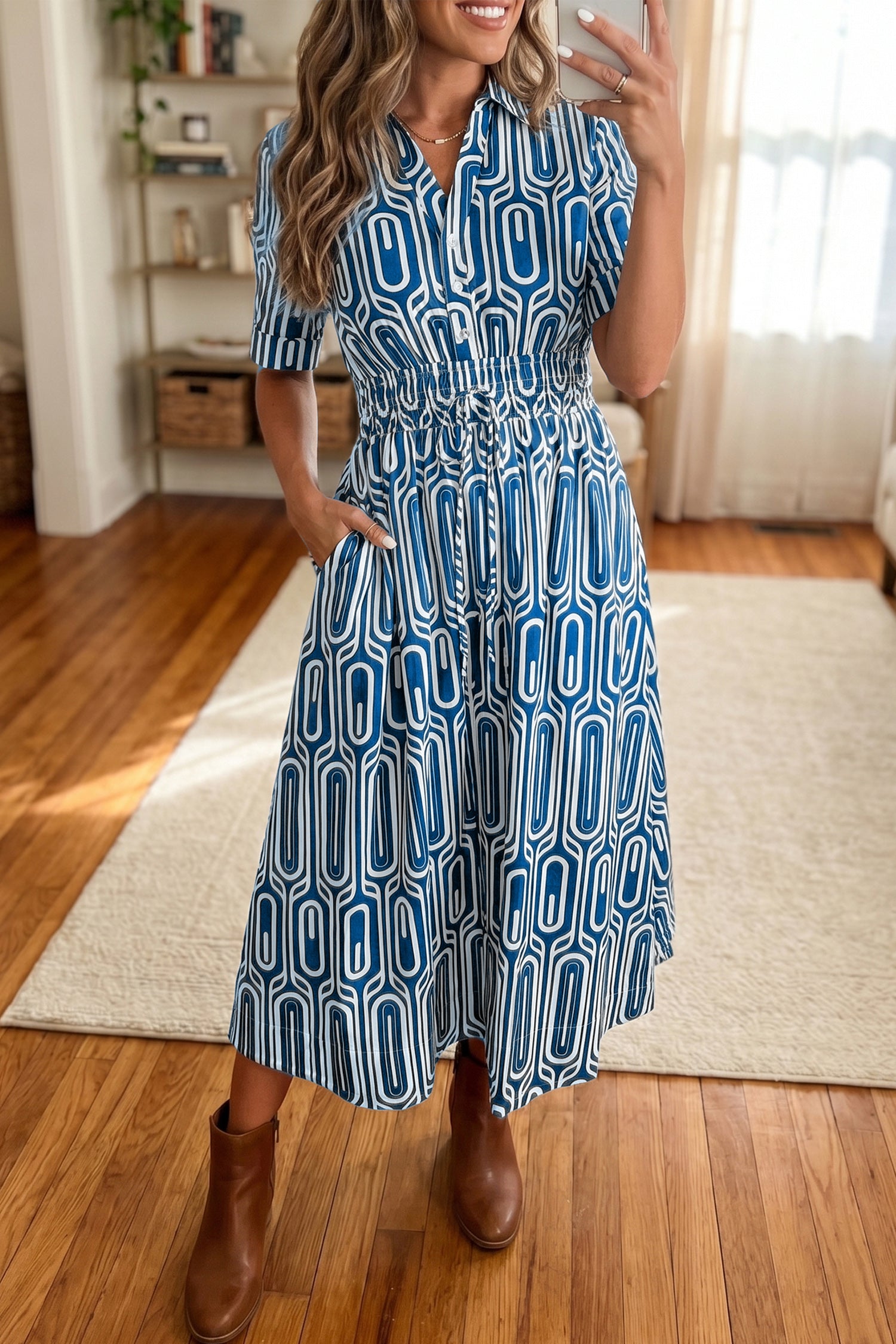 Geometric Print Short Sleeve Drawstring Shirt Collar Dress – Blue