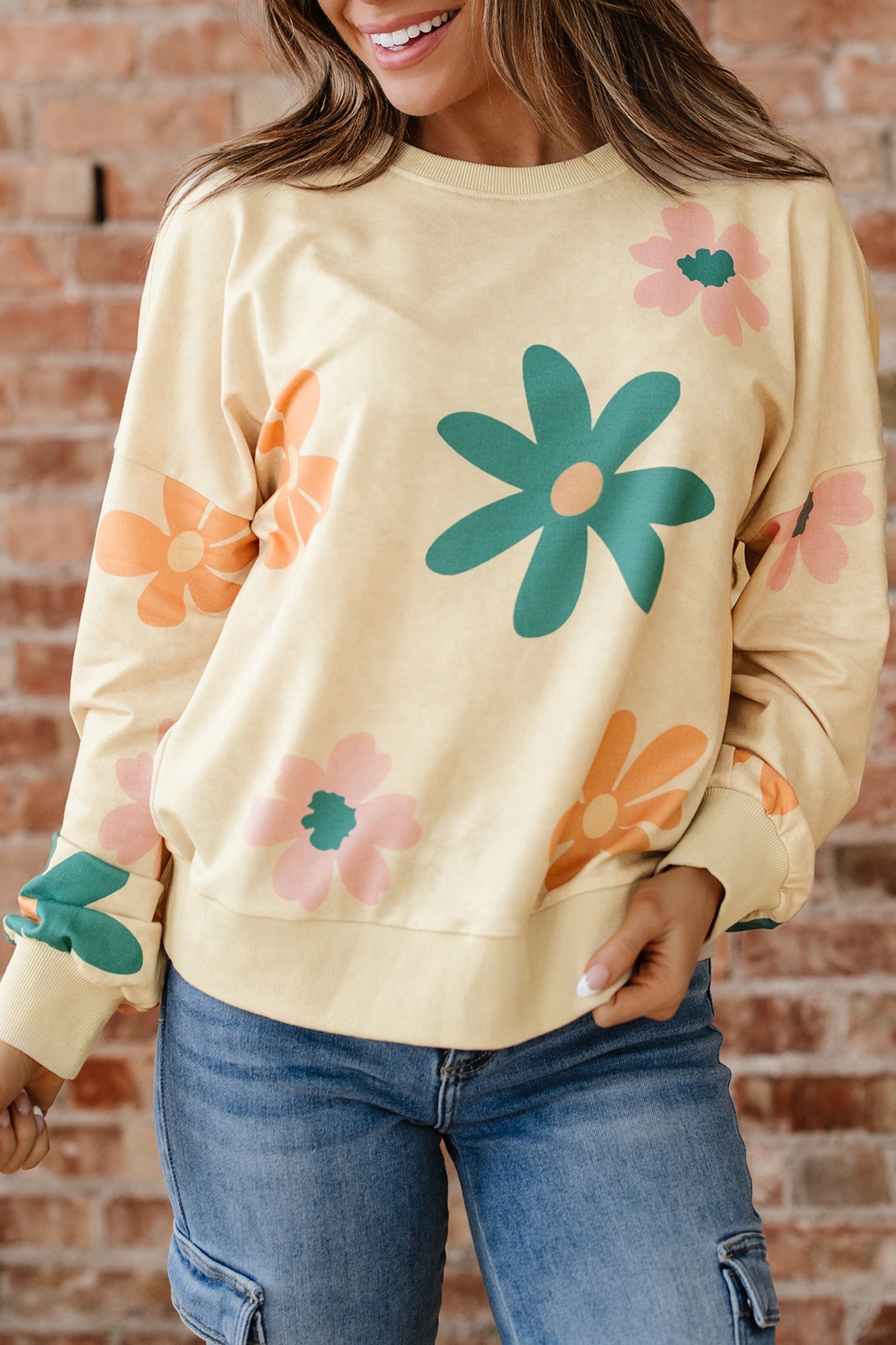 Mineral Washed French Terry Flower Print Sweatshirt - eAura