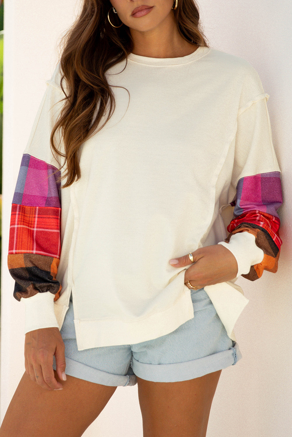 Beige Contrast Plaid Long Sleeve Exposed Seam Patchwork Top - eAura