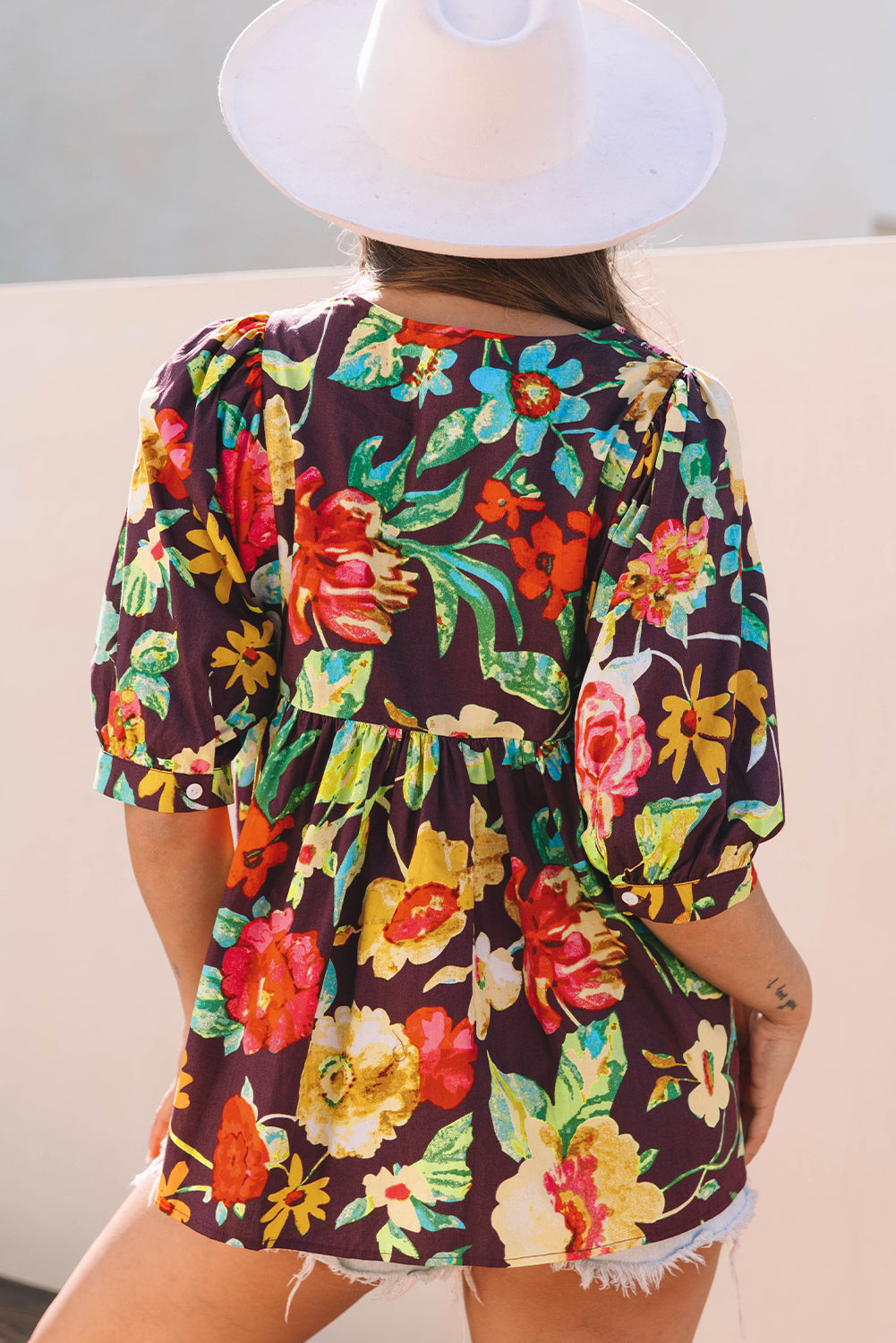 Greyish Purple Rose Flower Embroidered Trim Half Sleeve Blouse eAura