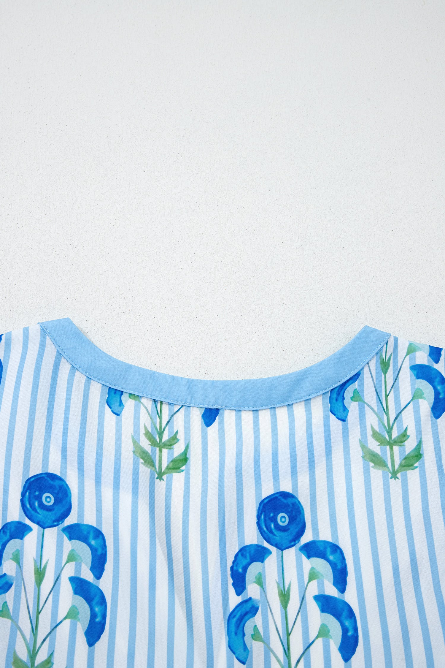 Floral Striped Tie Neck Puff Sleeve Mini Dress – Light Blue & Pink