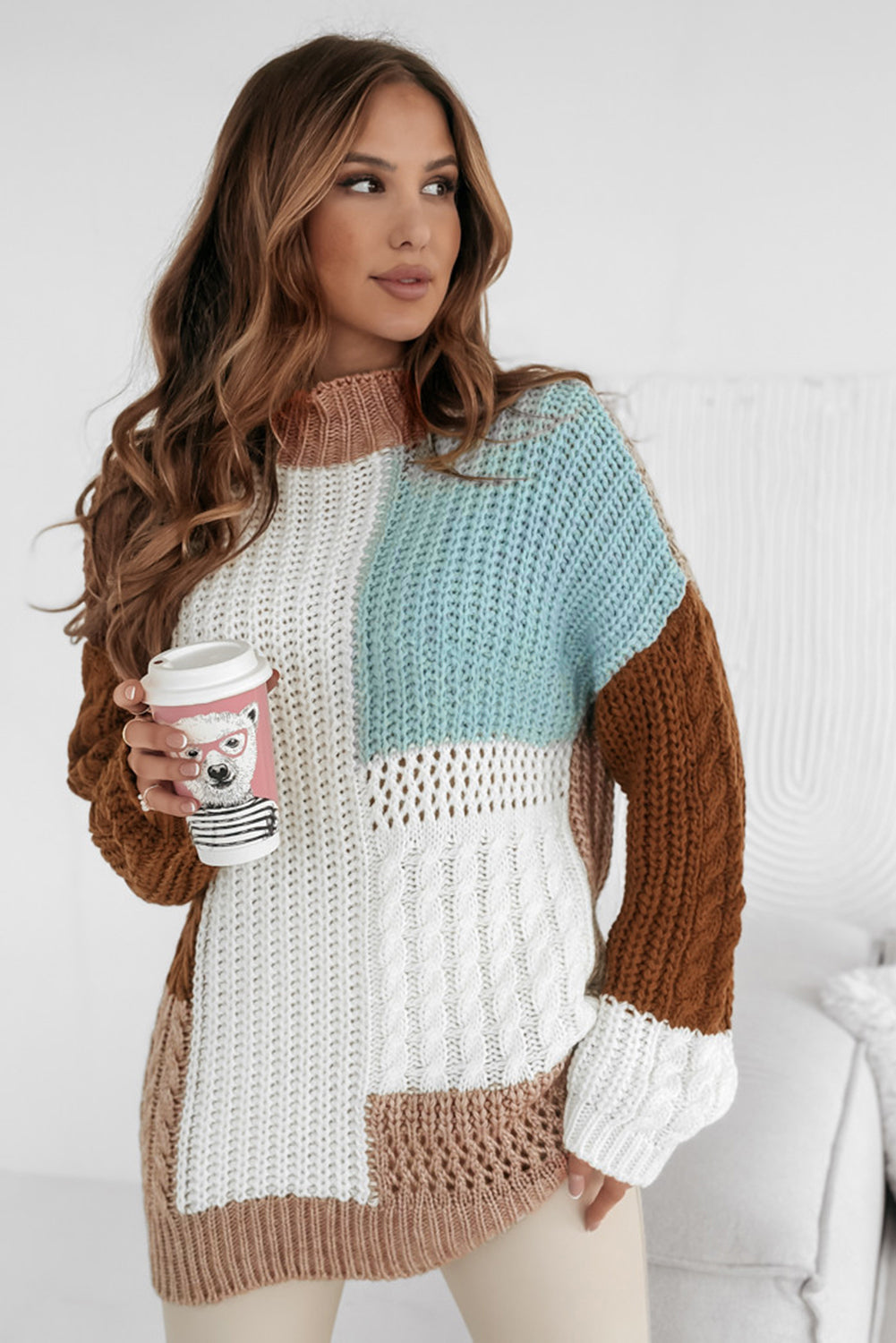 Khaki Mix Textured Knit Colourblock Patchwork Sweater eAura