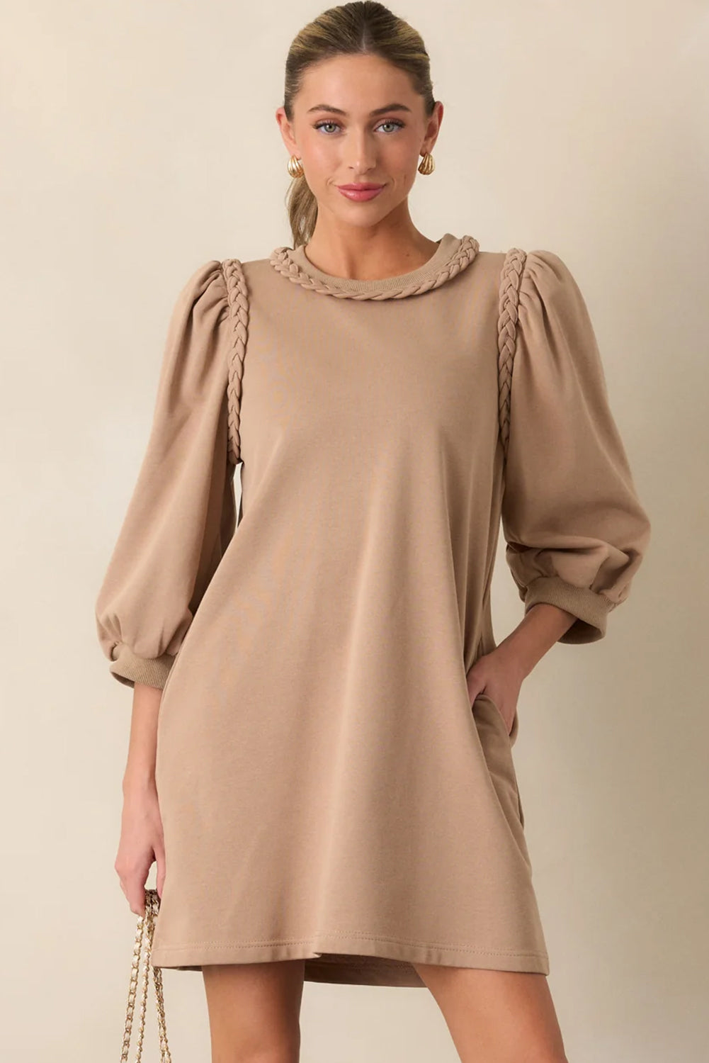 Braided Trim Puff Sleeve Dress - eAura