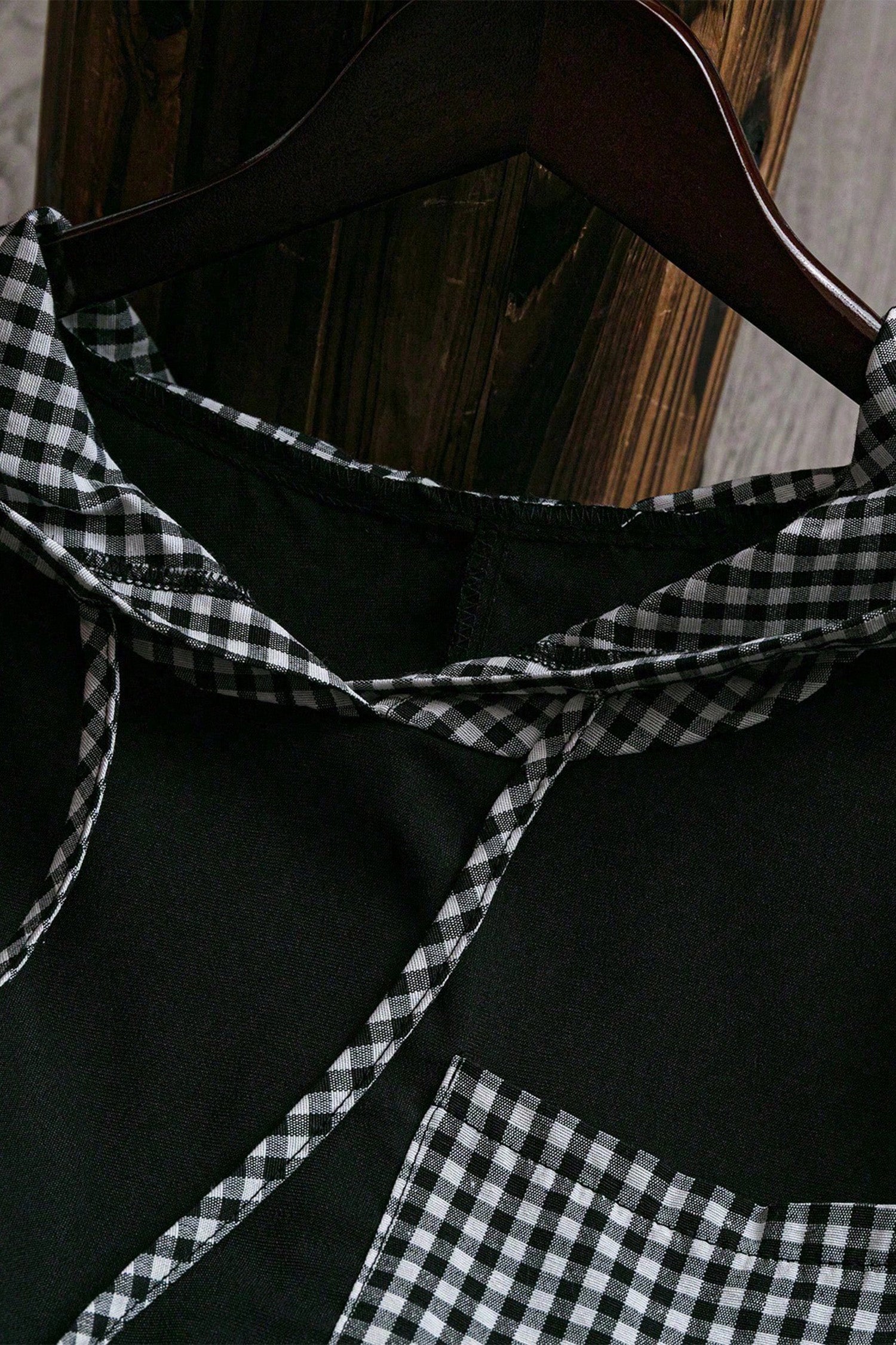 Hooded Gingham Paneling Chest Patch Pocket Long Sleeve Plus Size Blouse – Black