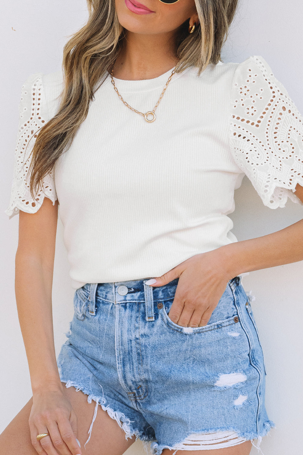 White Eyelet Pattern Short Sleeve Patchwork Ribbed Top eAura