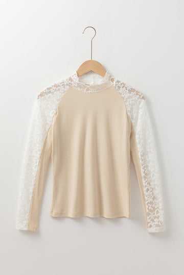 Beige Floral Lace Patchwork Long Sleeve High Neck Slim Top - eAura