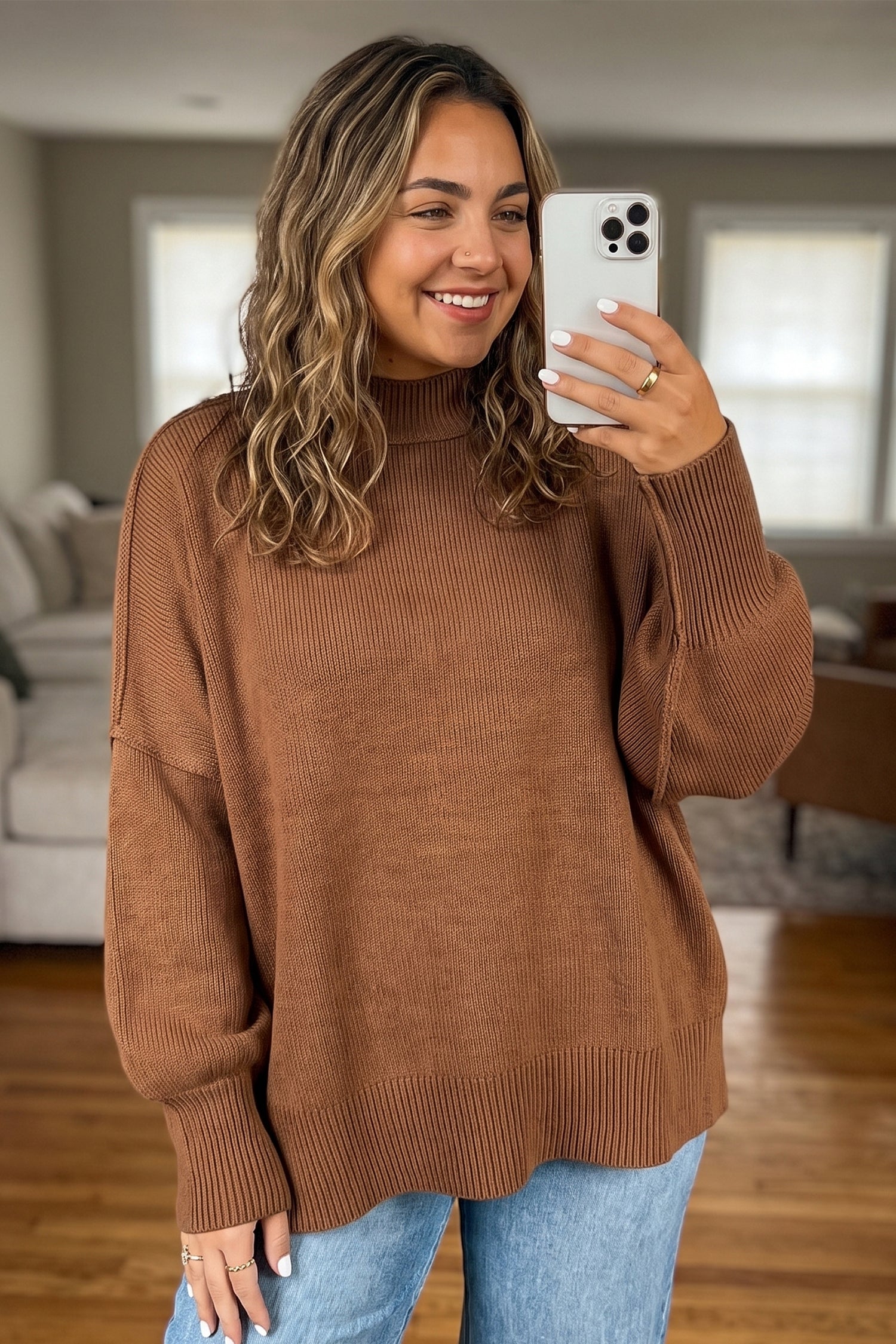 Oversized Ribbed Knit Long Sleeve Tunic Plus Size Sweater – Chestnut