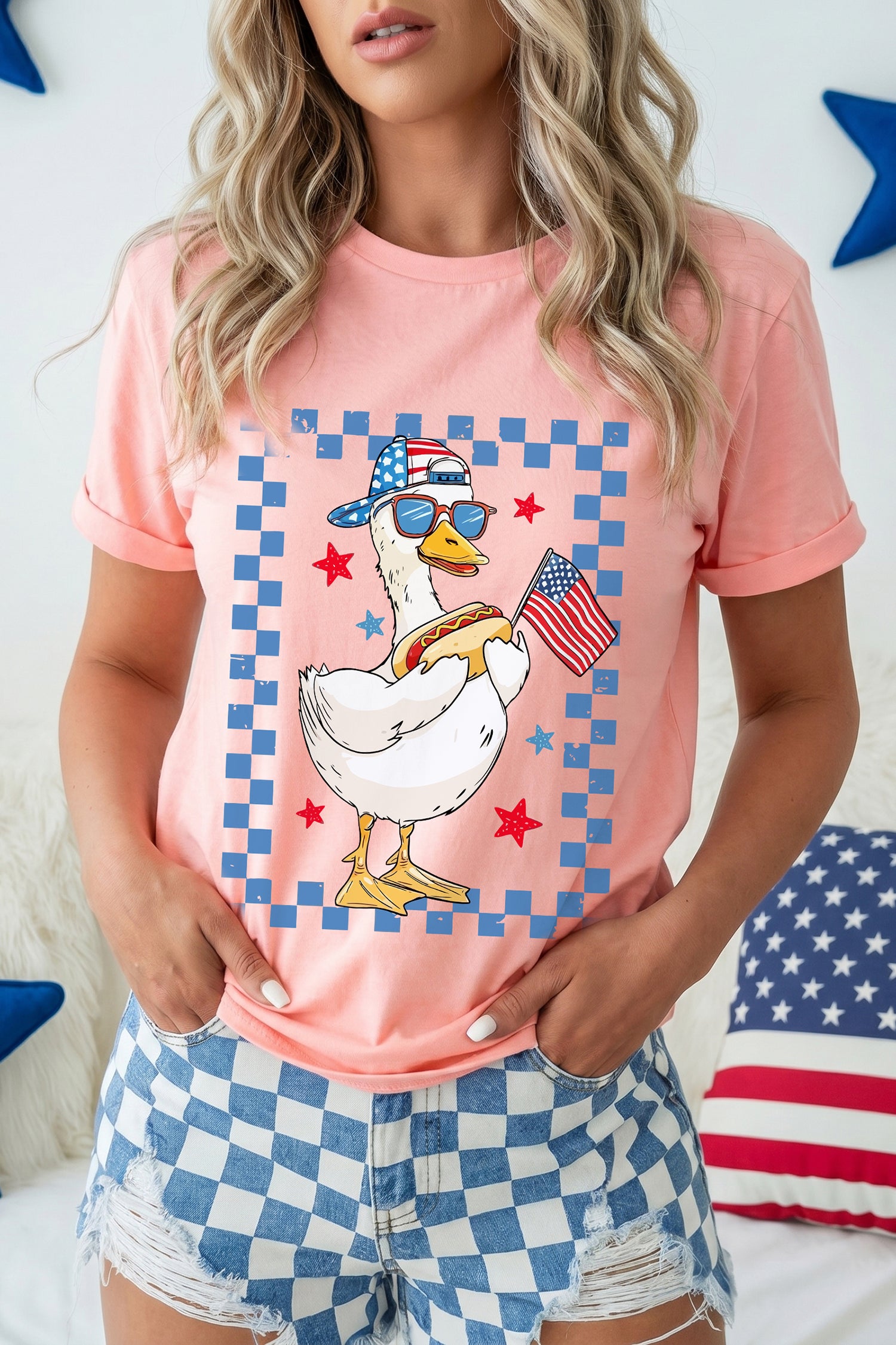 America Goose 4th Of July Patriotic Flag Graphic T Shirt – Pink