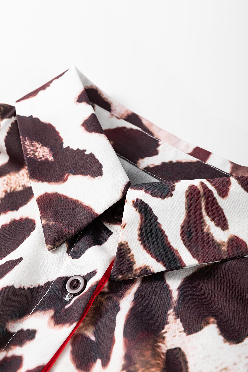 Dark Brown Contrast Trim Patchwork Leopard Print Half Sleeve Shirt eAura