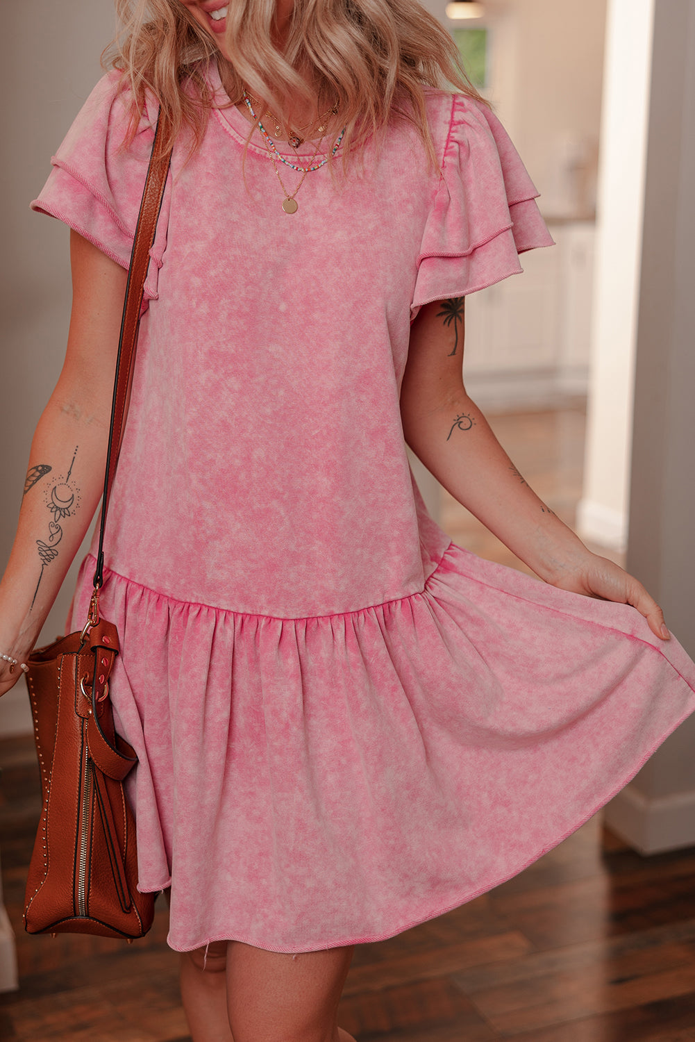 Sachet Pink Mineral Wash Raw Edge Ruffle Mini Dress eAura