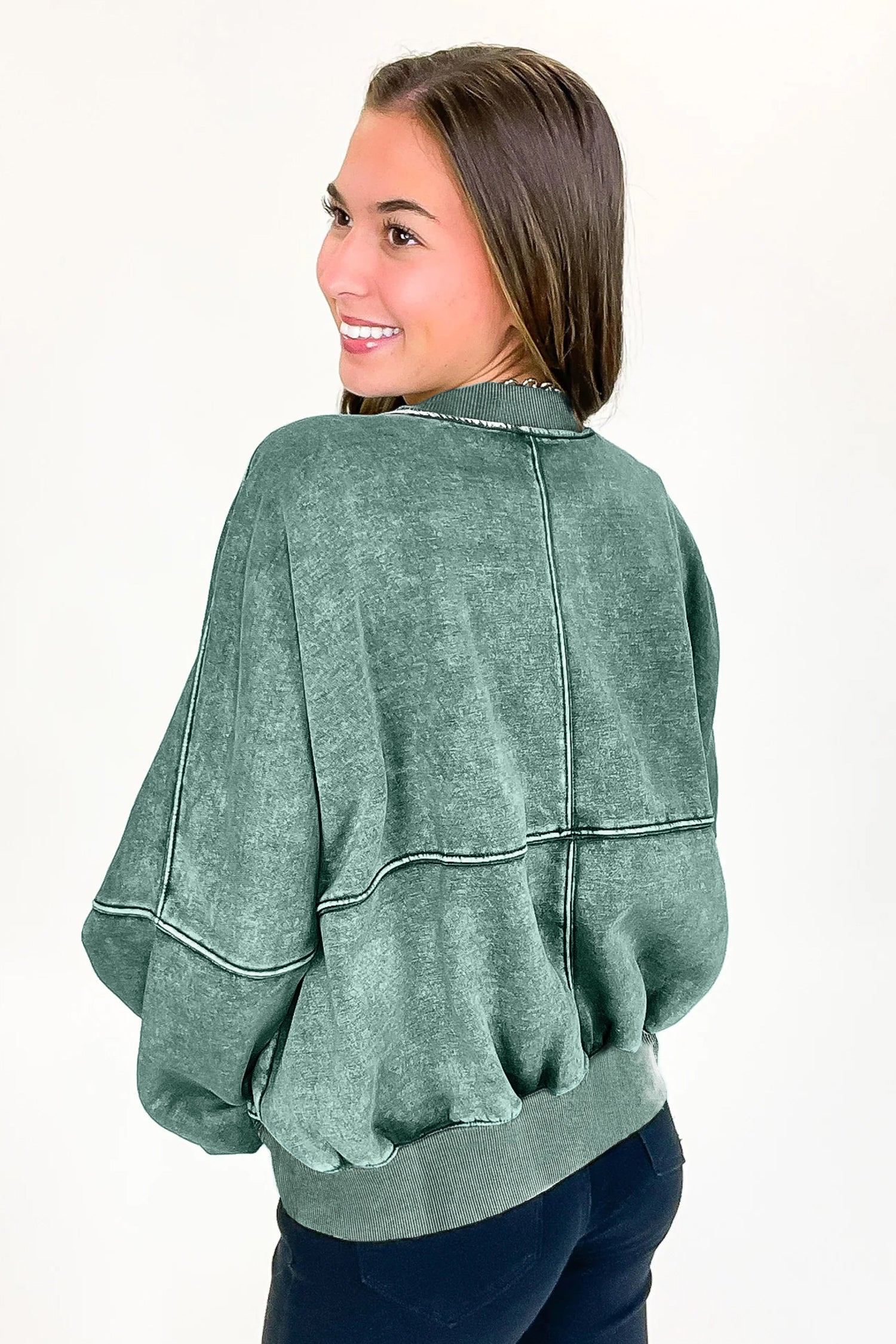 Mineral Washed Zip Open-Front Jacket Style Cotton Sweatshirt – Evergreen