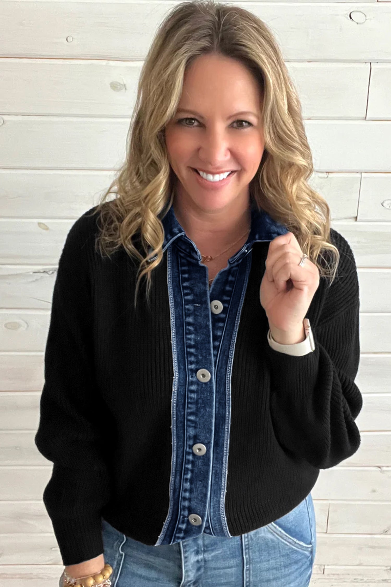 Drop Shoulder Placket Paneling Shirt Collar Long Sleeve Cardigan – Color Black