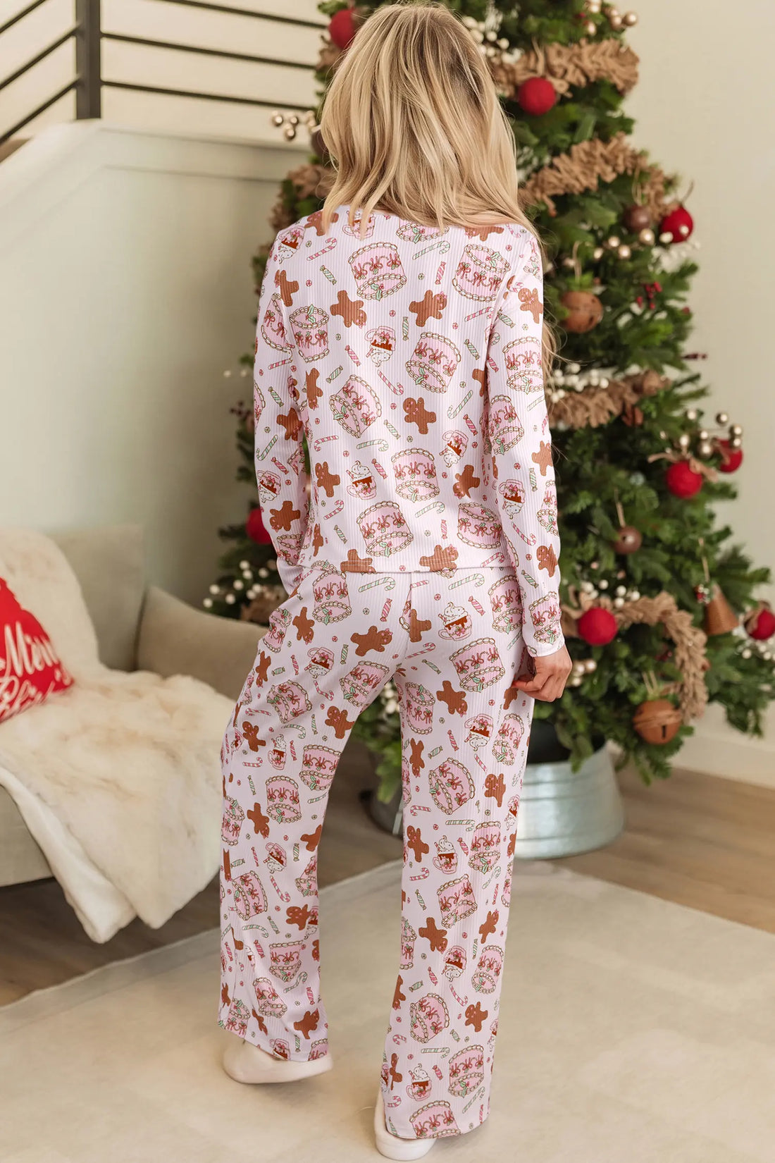 Abstract Christmas Print Long Sleeve Two Piece Lounge Set