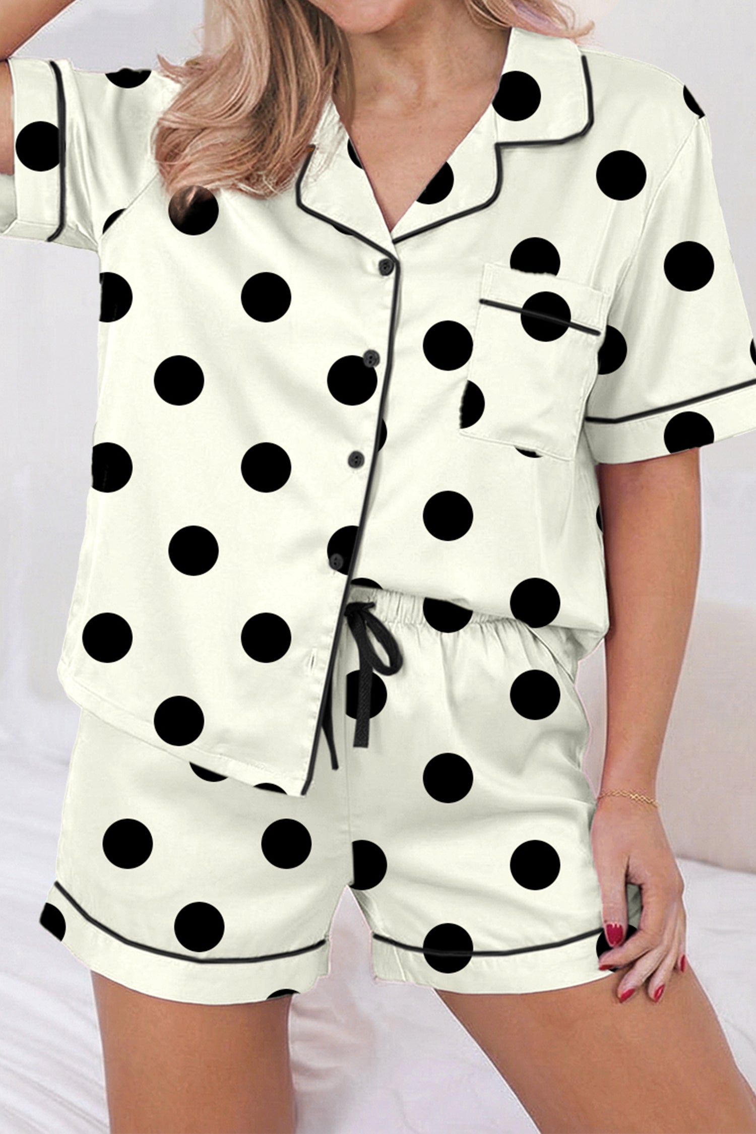 Polka Dot Lapel Shirt & Drawstring Shorts Pyjama Set – Beige