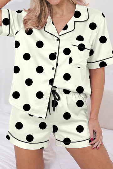 Polka Dot Lapel Shirt & Drawstring Shorts Pyjama Set – Beige