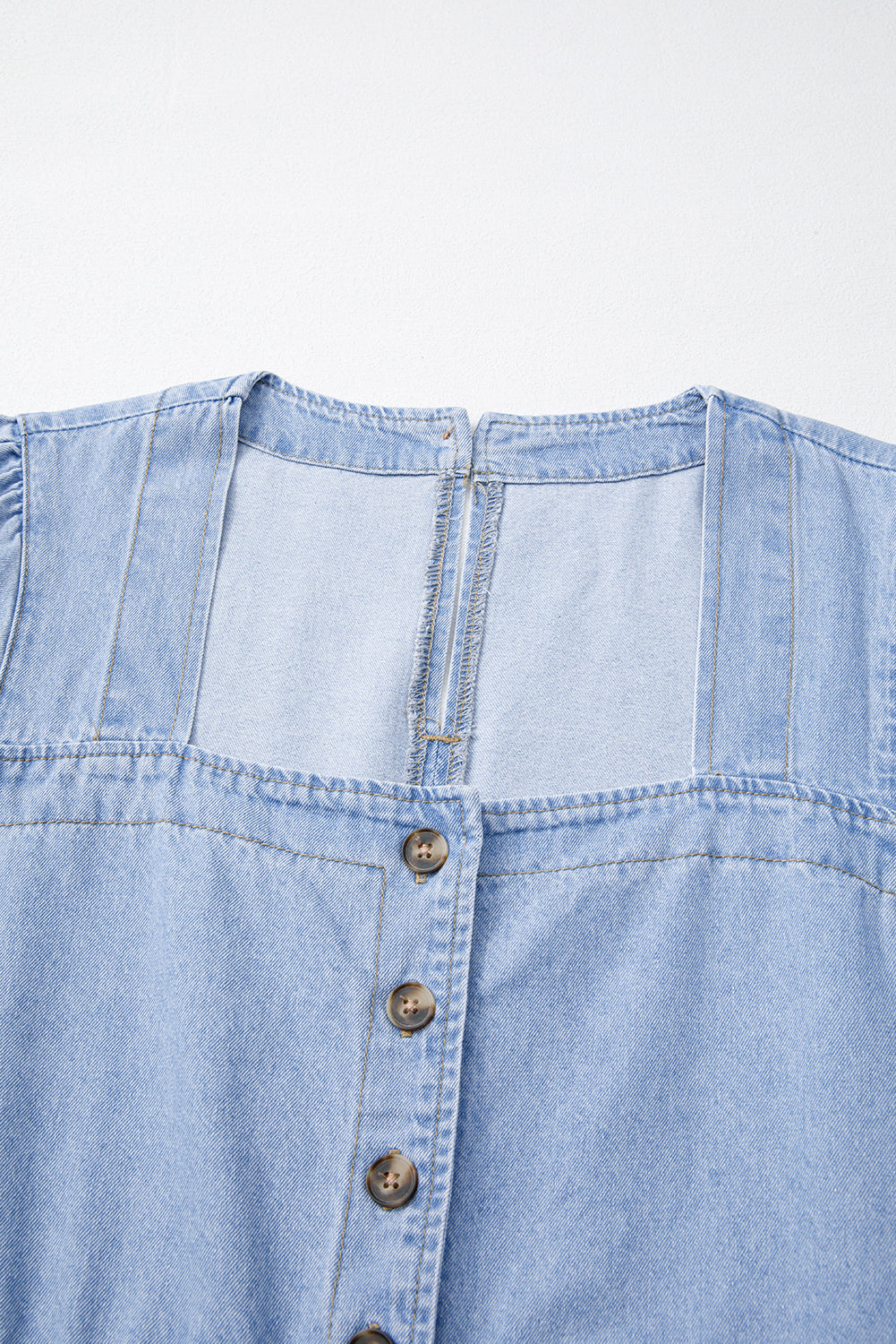 Beau Blue Denim Button Detail Babydoll Square Neck Mini Dress eAura