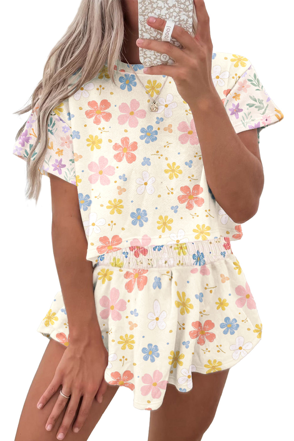 Apricot Floral Print Crop Top Wide Leg Short Set eAura