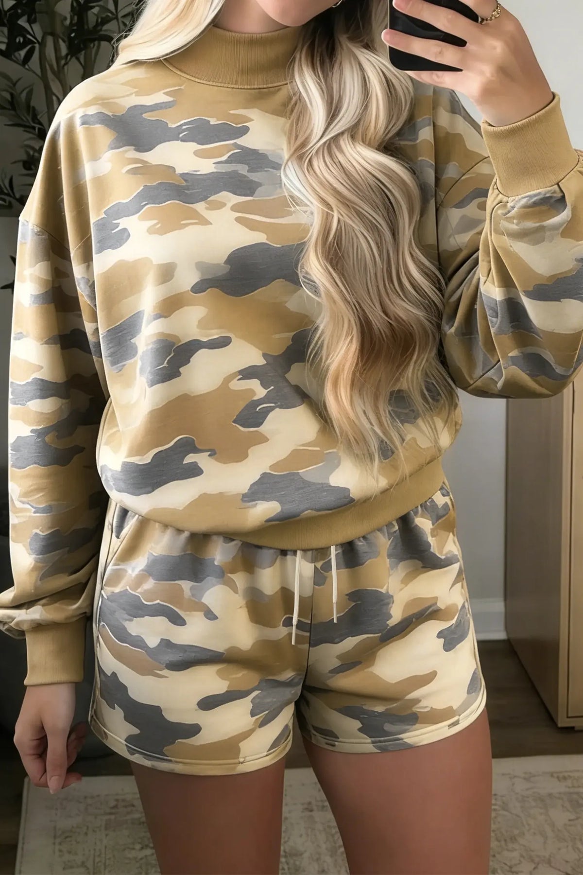Camouflage Print Long Sleeve Top Drawstring Shorts Set