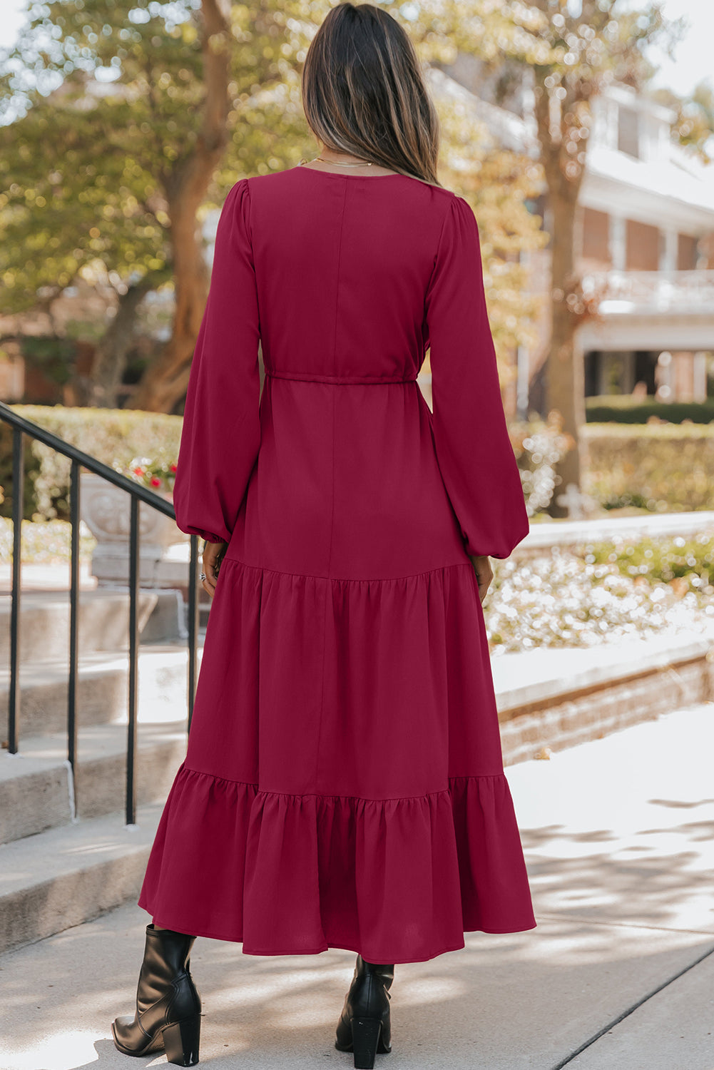 Long Sleeve Button V-Neck Tiered Maxi Dress - eAura