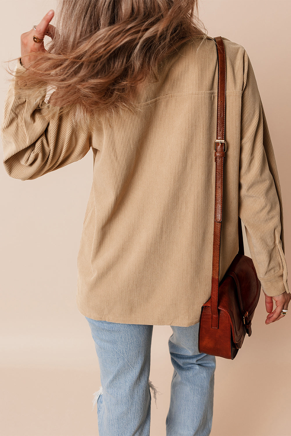 Light French Beige Solid Frilled Flap Pocket Button Up Corduroy Shacket Beagle Boutique Fashion Outlet