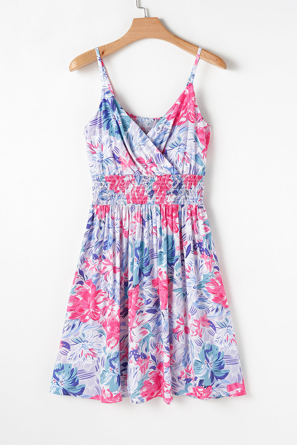 Red Floral Spaghetti Strap Surplice Neck Shirred Waist Mini Dress eAura