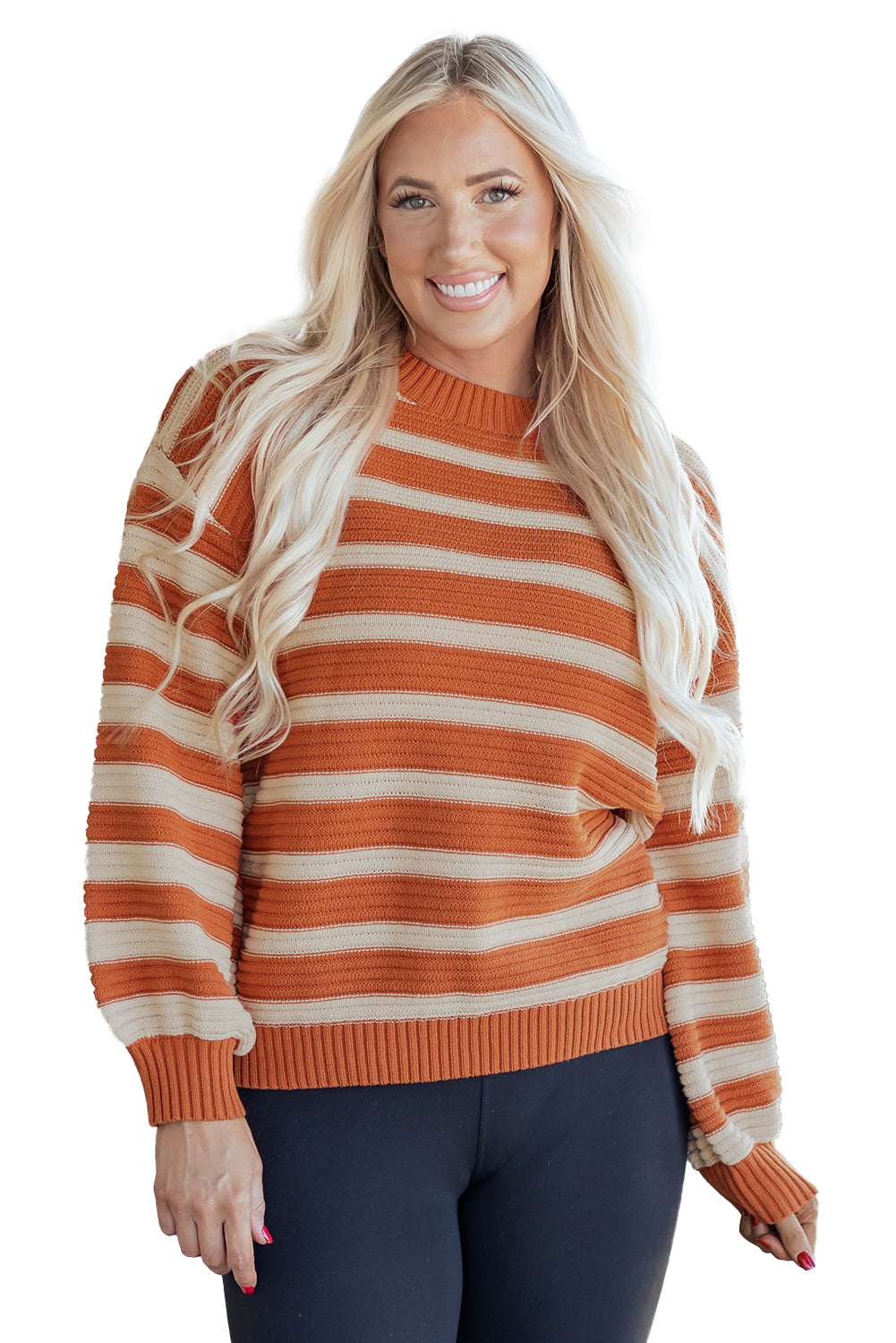 Orange Stripe Ribbed Trim Drop Shoulder Sweater - eAura