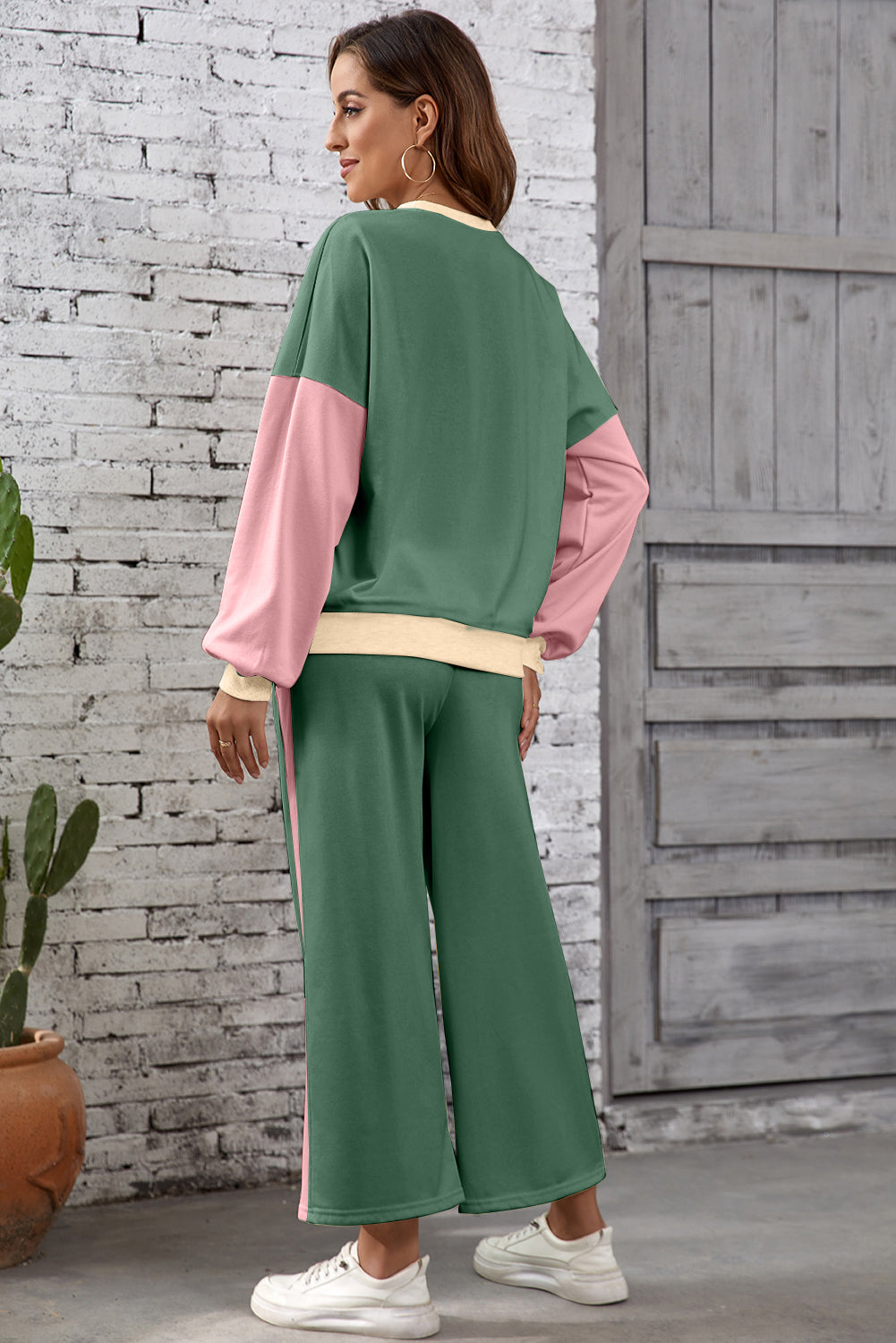 Chestnut 2pcs Color Block Pullover Loose Pant Set Dear-Lover Dropshipping