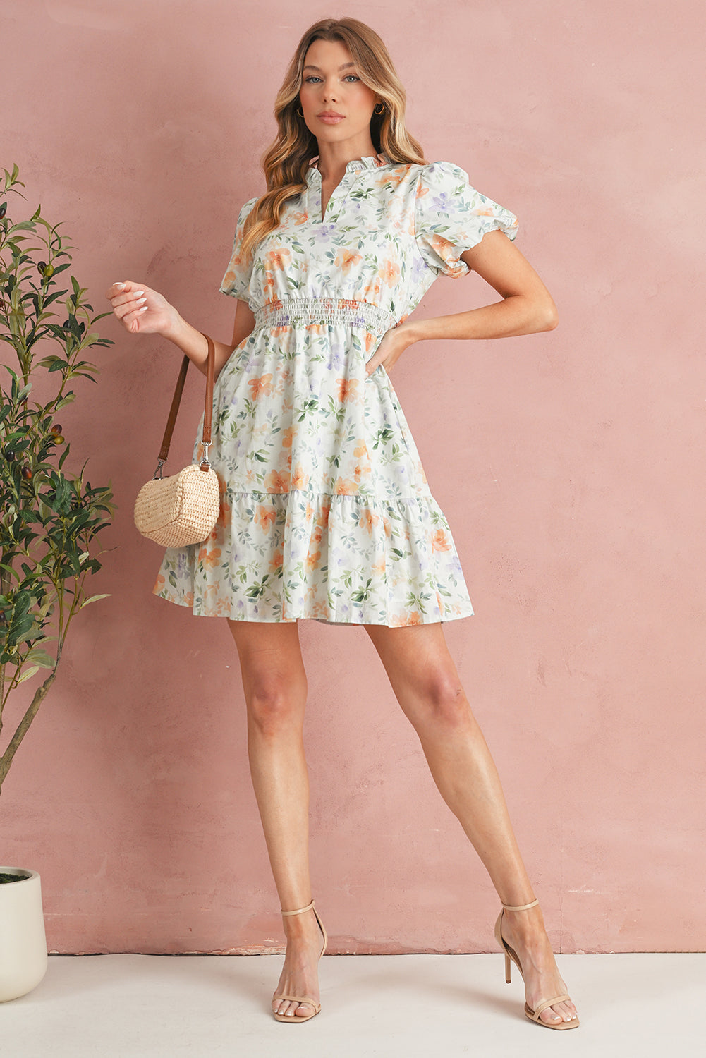Floral Print Smocked Puff Sleeve Mini Dress