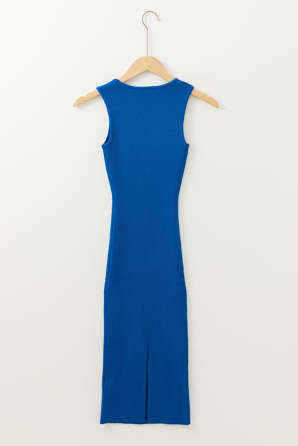 Dark Blue Solid Ribbed Knit Sheath Sleeveless Midi Sweater Dress eAura