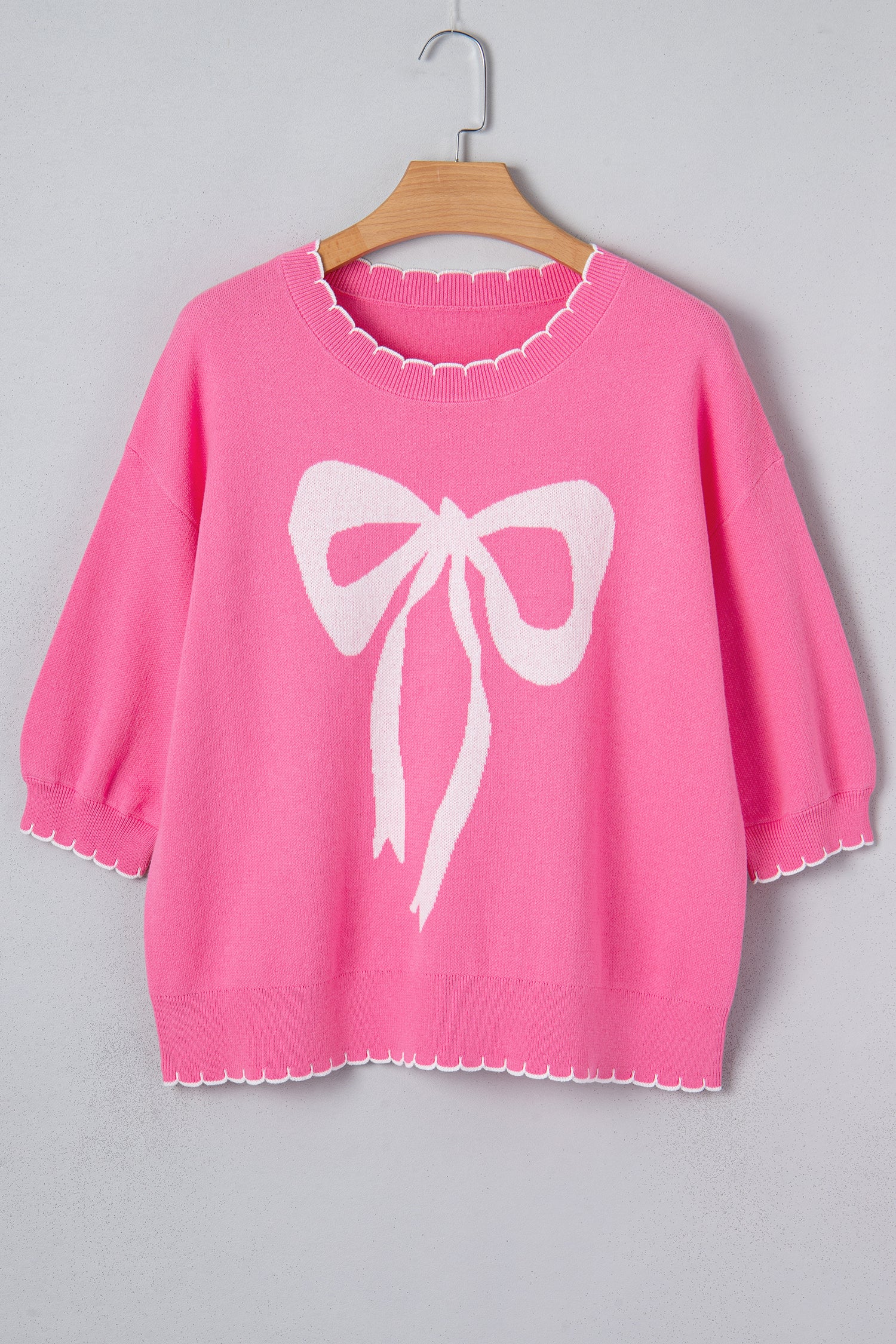 Big Ribbon Bow Print Contrast Stitch Trim Drop Shoulder Sweater - Sweaters & Cardigans/Short Sleeve