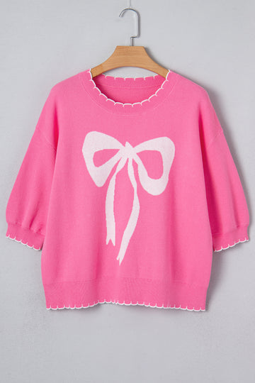 Big Ribbon Bow Print Contrast Stitch Trim Drop Shoulder Sweater - Sweaters & Cardigans/Short Sleeve