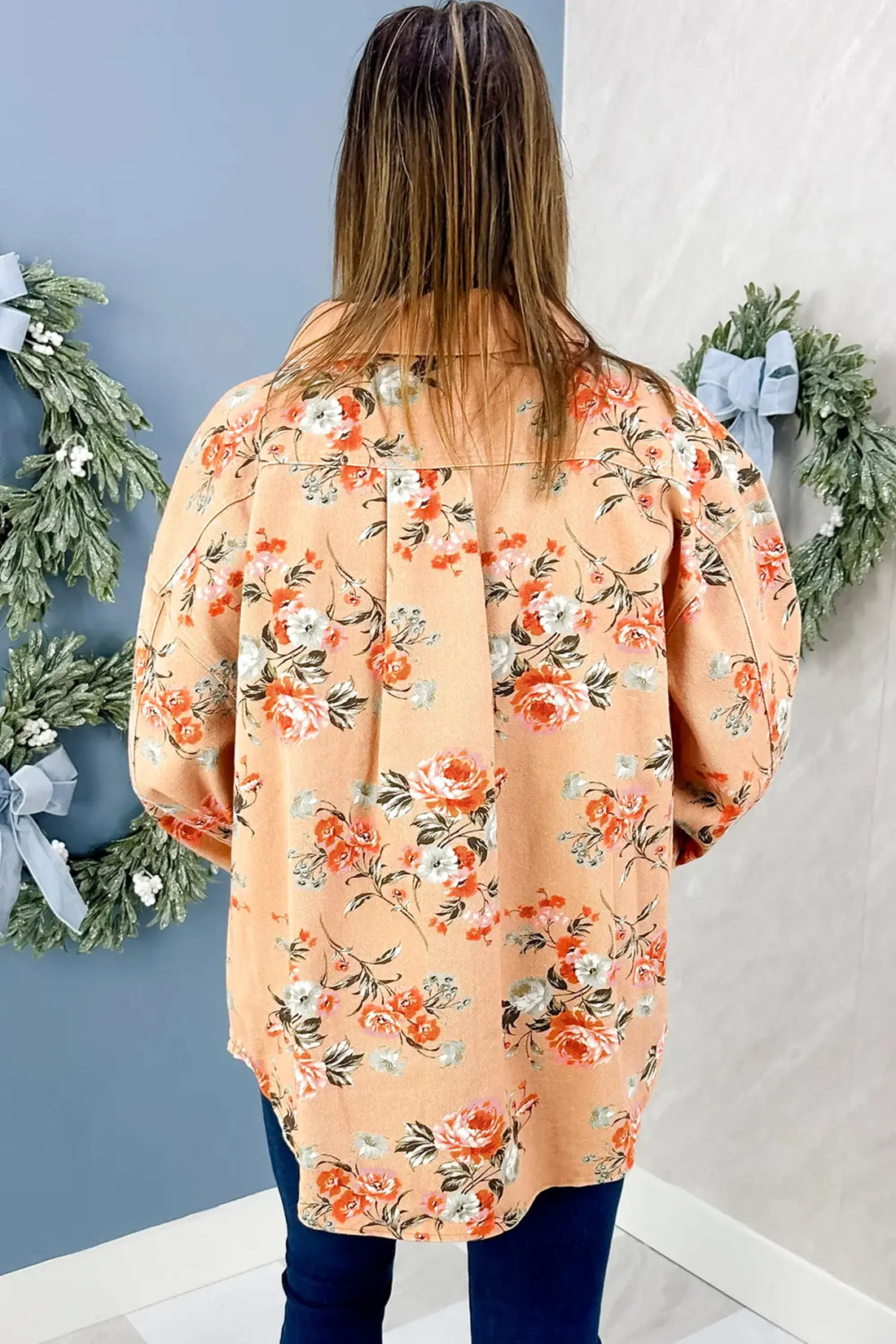 Floral Print Long Sleeve Denim Jacket Shift Silhouette Tunic Length Casual Daily Wear