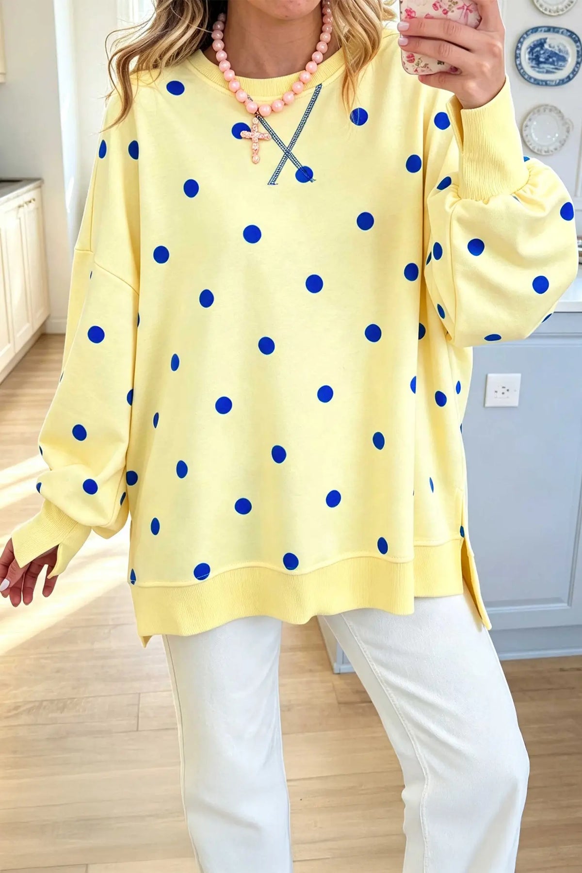 Polka Dot Loose Long Sleeve Split Hem Pullover Top – Yellow