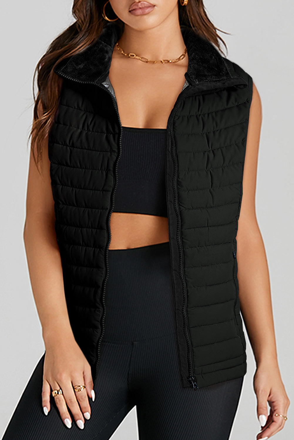 Black Plush Collared Quilted Puffer Gilet Beagle Boutique Fashion Outlet