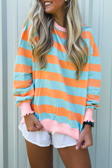 Ribbed Color Block Trim Round Neck Long Sleeve Shift Top – Orange Stripe