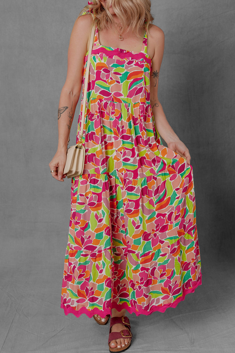 Multicolour Floral Tied Straps Ric rac Trim Maxi Dress BB Fashion Outlet