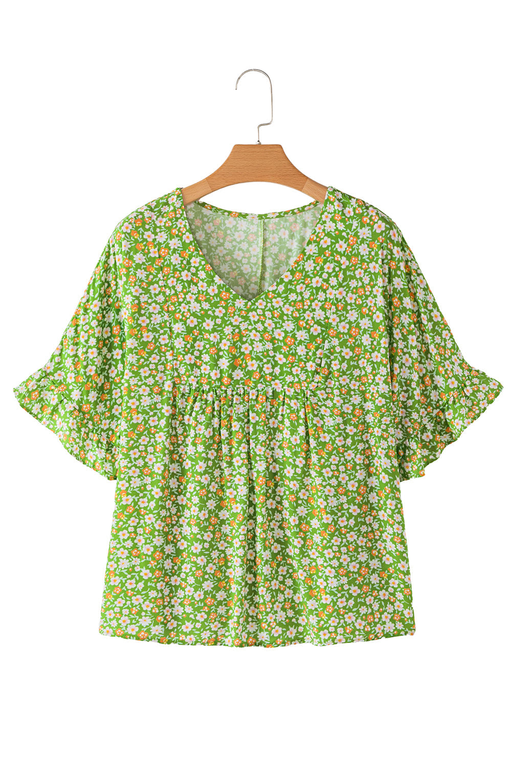 Green Floral Print Ruffle Sleeve V Neck Blouse Top eAura