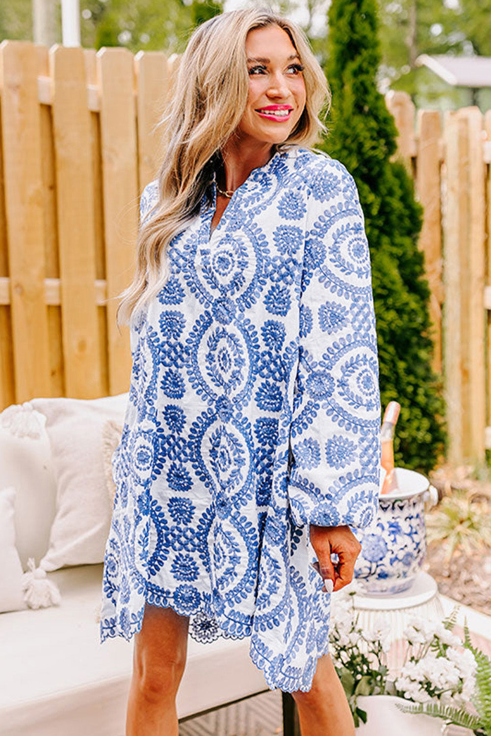 Blue Boho Floral Embroidered Notch V Neck Shift Mini Dress eAura