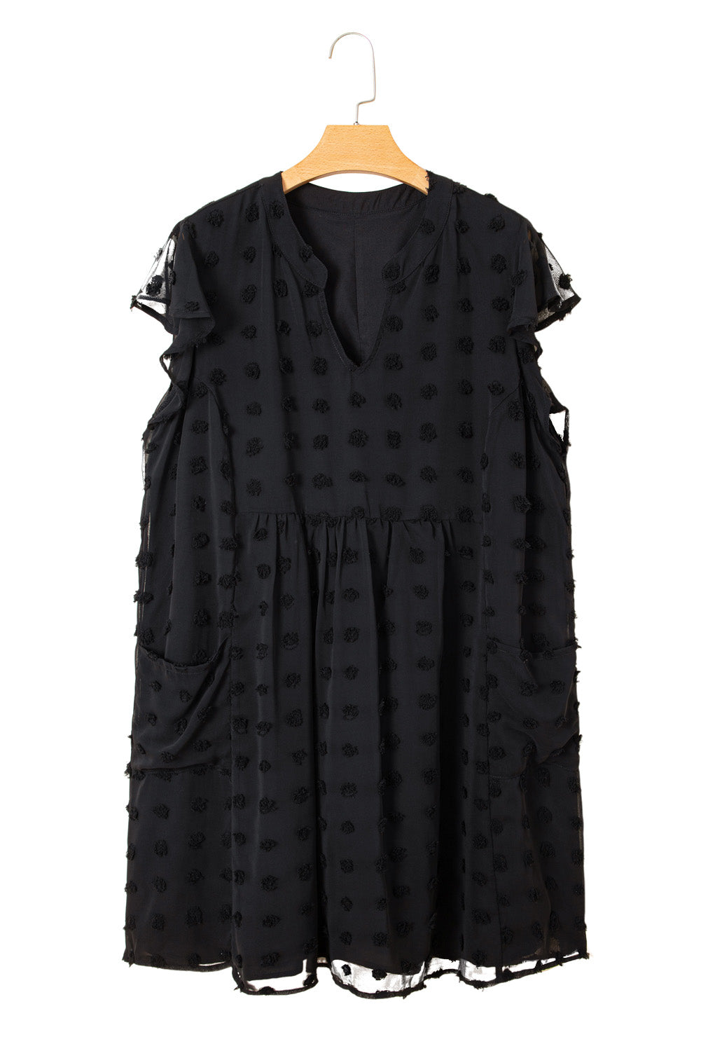 Black Dotty Textured Notched Neck Plus Ruffled Dress BB Fashion Outlet