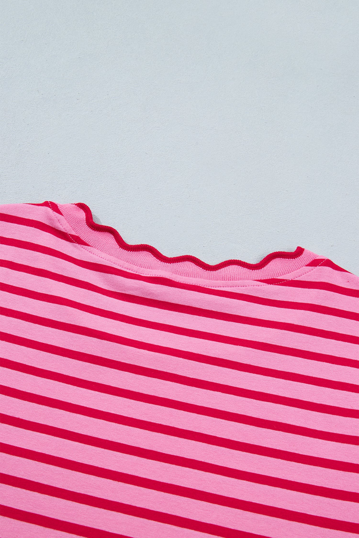 Stripe Scalloped Trim Round Neck T-Shirt