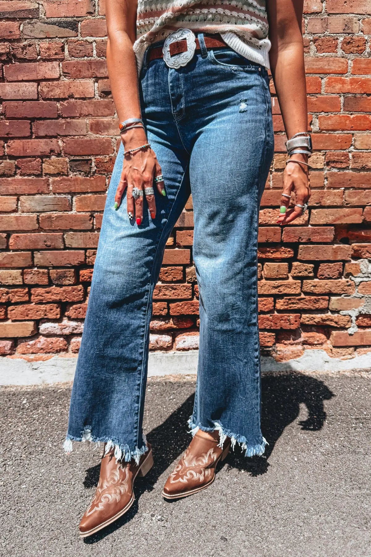 Ashleigh Blue High Waist Frayed Hem Flare Jeans – Dark Blue