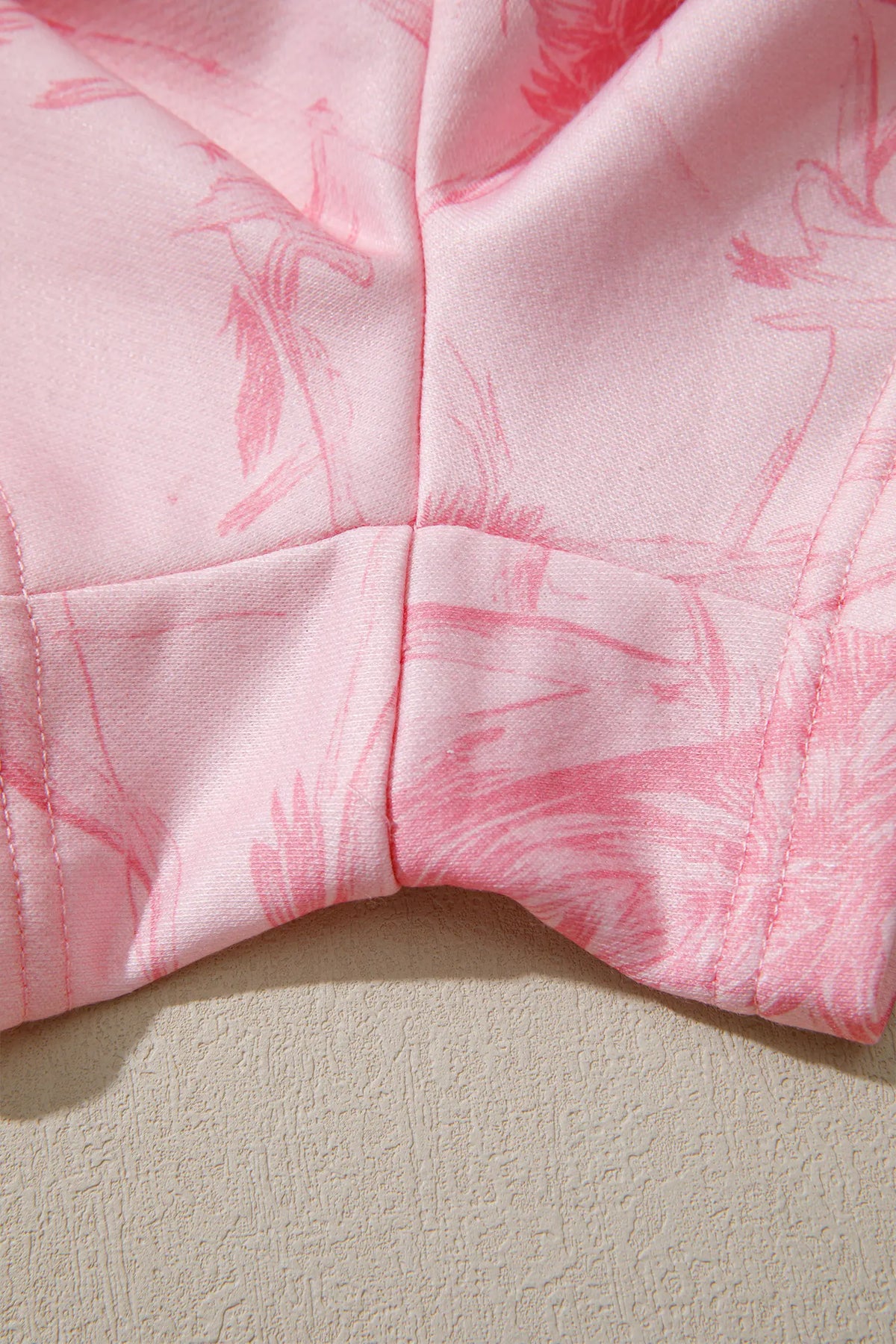 Abstract Print Ribbed Crewneck Long Sleeve Top Elastic Waist Short Set – Pink