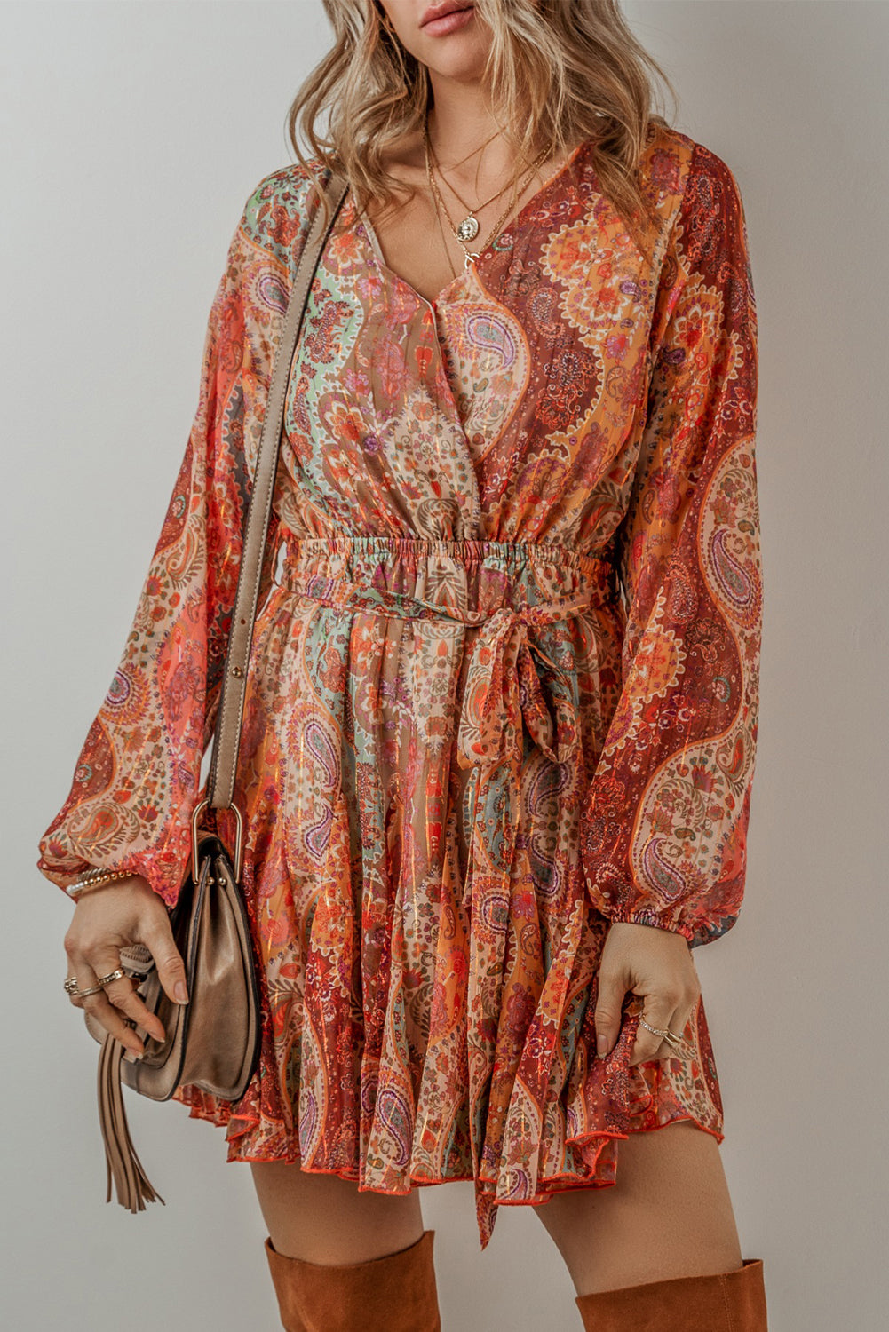 Orange Boho Paisley Print Long Sleeve Pleated Belted Mini Dress eAura