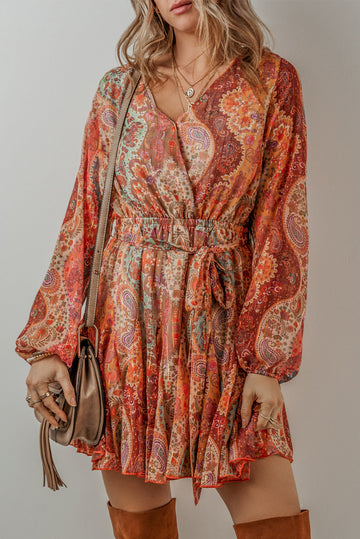 Orange Boho Paisley Print Long Sleeve Pleated Belted Mini Dress eAura